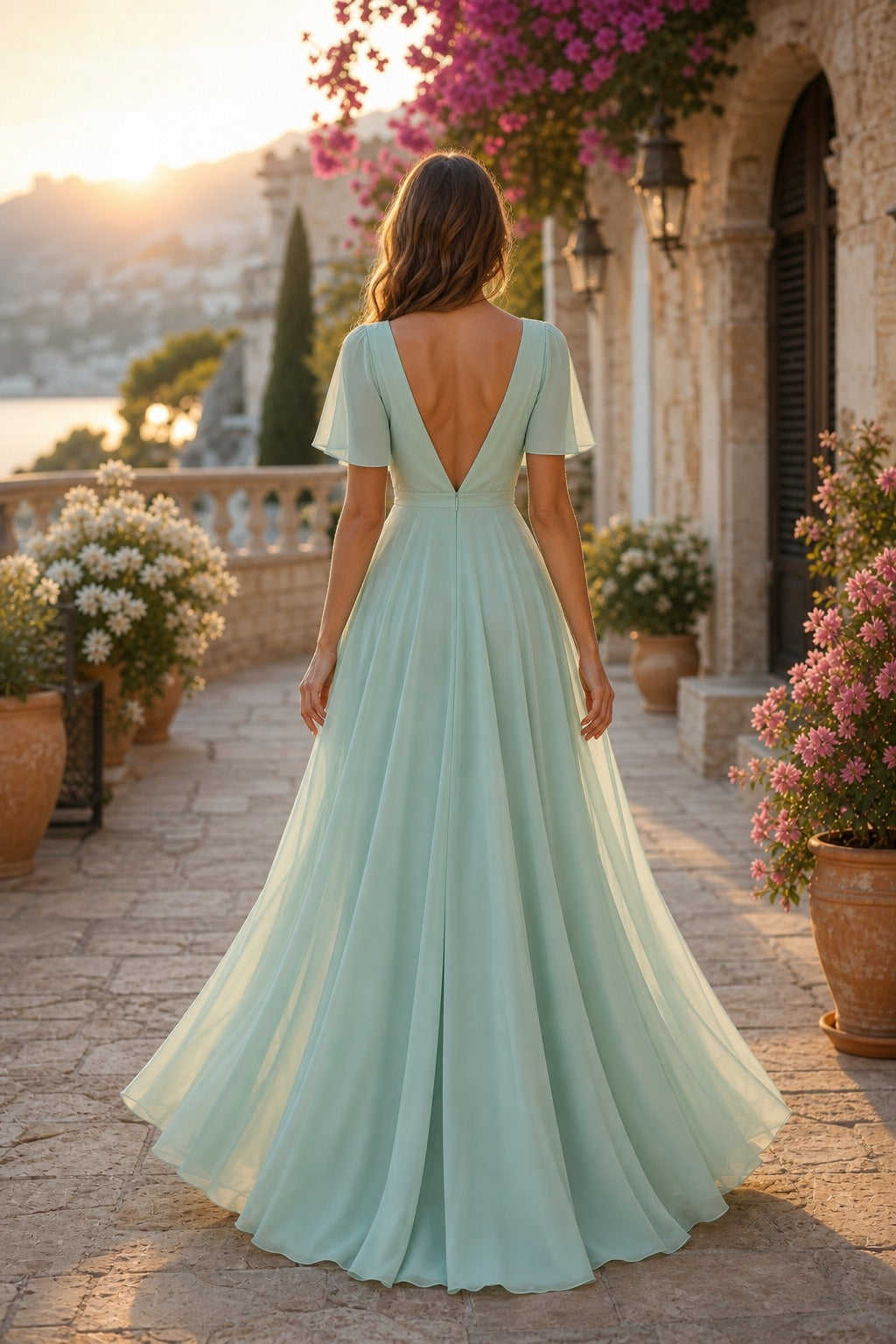 Mint V-Neck Floor-Length Chiffon A-Line Dress