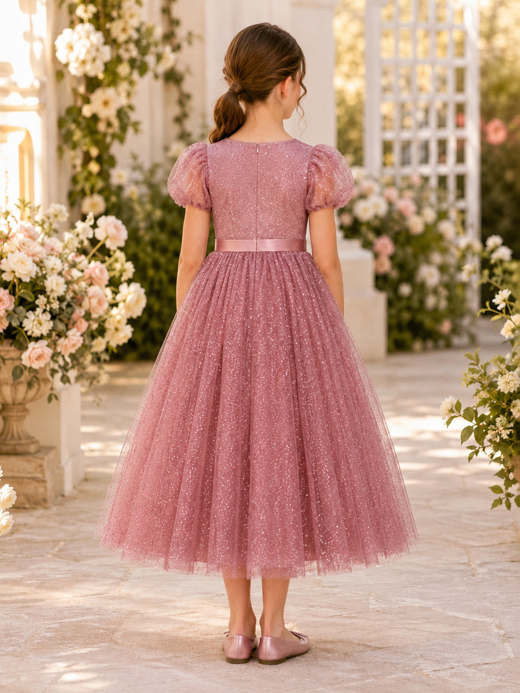 Vintage Mauve Glitter Tulle Puff Sleeve Flower Girl Tea-Length Party Dress back view