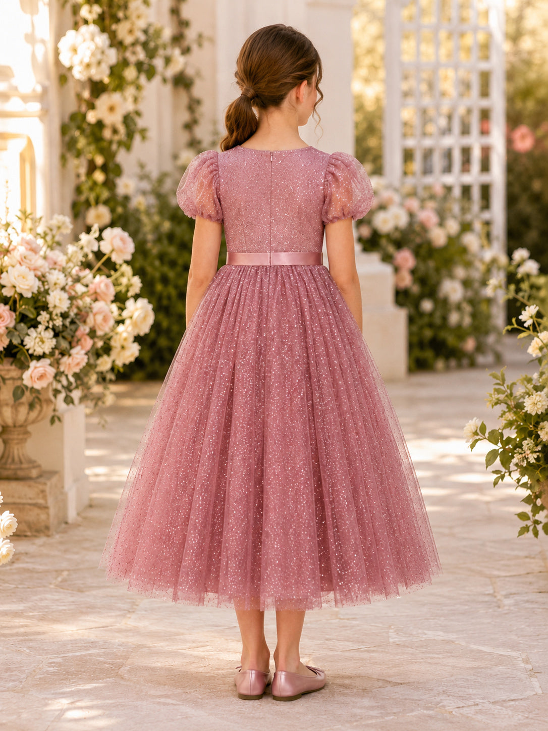 Vintage Mauve Glitter Tulle Puff Sleeve Flower Girl Tea-Length Party Dress back view