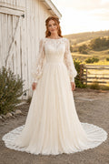 Ivory Modest Bateau Neck A-Line Soft Tulle Wedding Dress with Long Lace Sleeves and Chapel Train front view