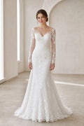 White Scoop Three-Quarter Sleeves A-Line Chiffon Floor-length Wedding Dress With Sweep Train and Open Back and Open Back