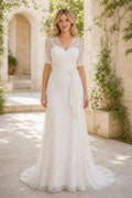 White V-neck Short Sleeves Sheath Lace Floor-length Wedding Dress With Lace and Train and Open Back
