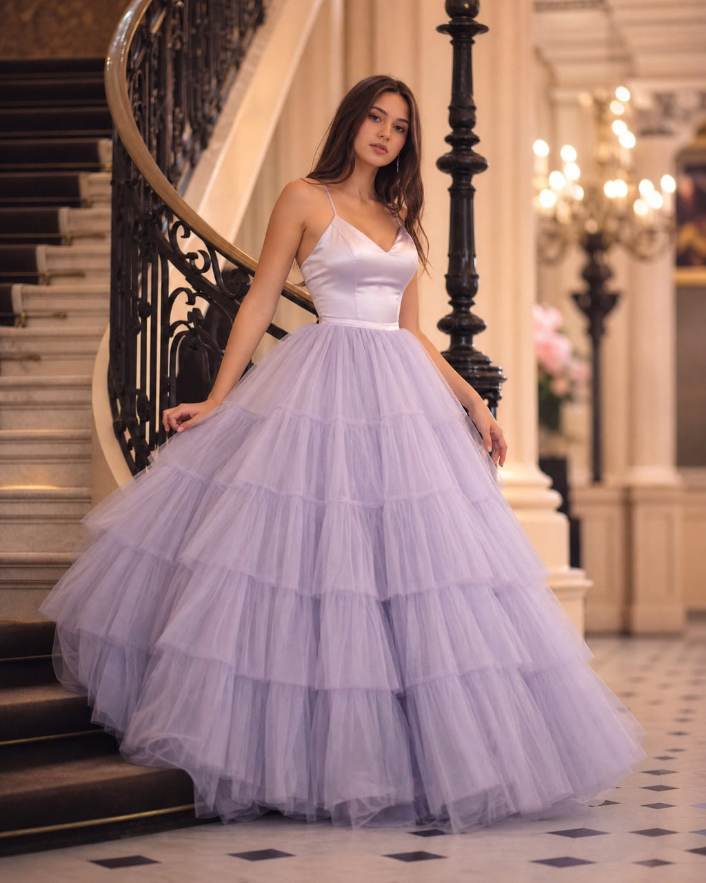 Lavender Strapless Tiered Tulle Ball Gown