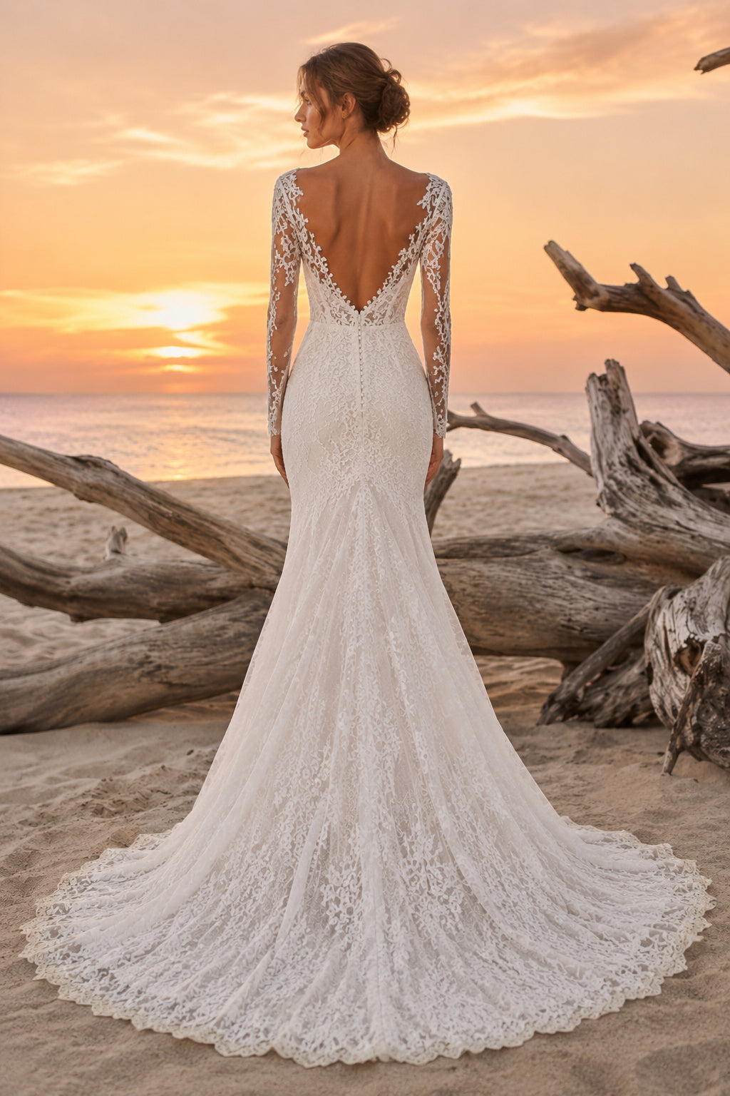 Ivory Long Sleeve Lace Mermaid Wedding Dress Split Chapel Train for Wedding Ceremony and Reception back view