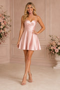 Blushing Pink Lace-Up Back Homecoming A-Line Dress front view