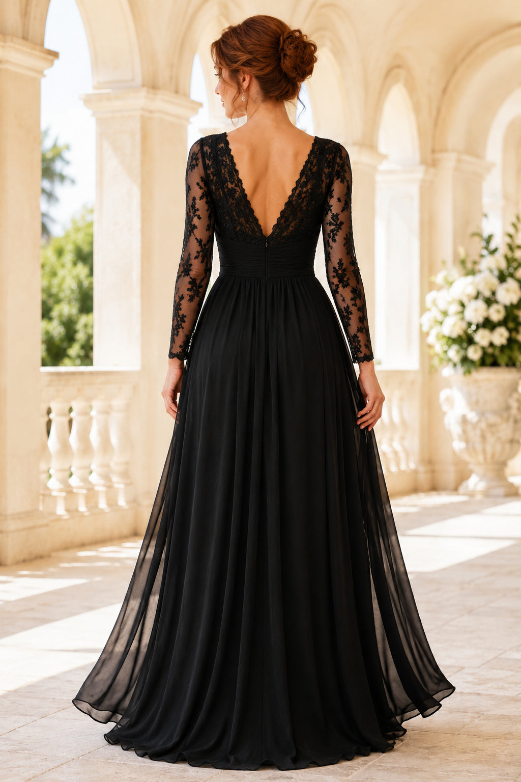 Black Long Sleeve Lace V-Neck A-Line Evening Dress with Chiffon Skirt back view