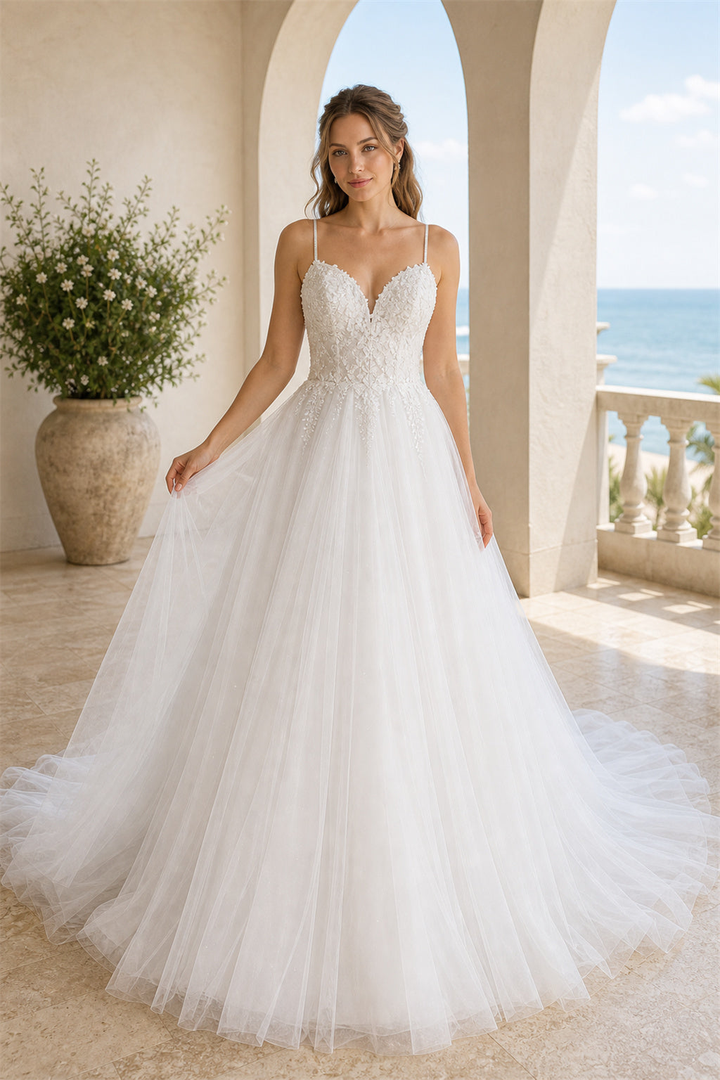 Ivory Square Mermaid Crepe, Lace Floor-length Wedding Dress With Lace and Front Slit and Open Back