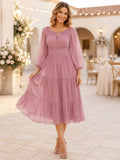 Dusty Rose Scoop Neck Poet Sleeve Tiered Chiffon Guest Dress front view