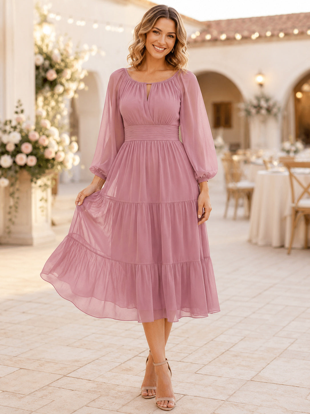 Dusty Rose Scoop Neck Poet Sleeve Tiered Chiffon Guest Dress front view