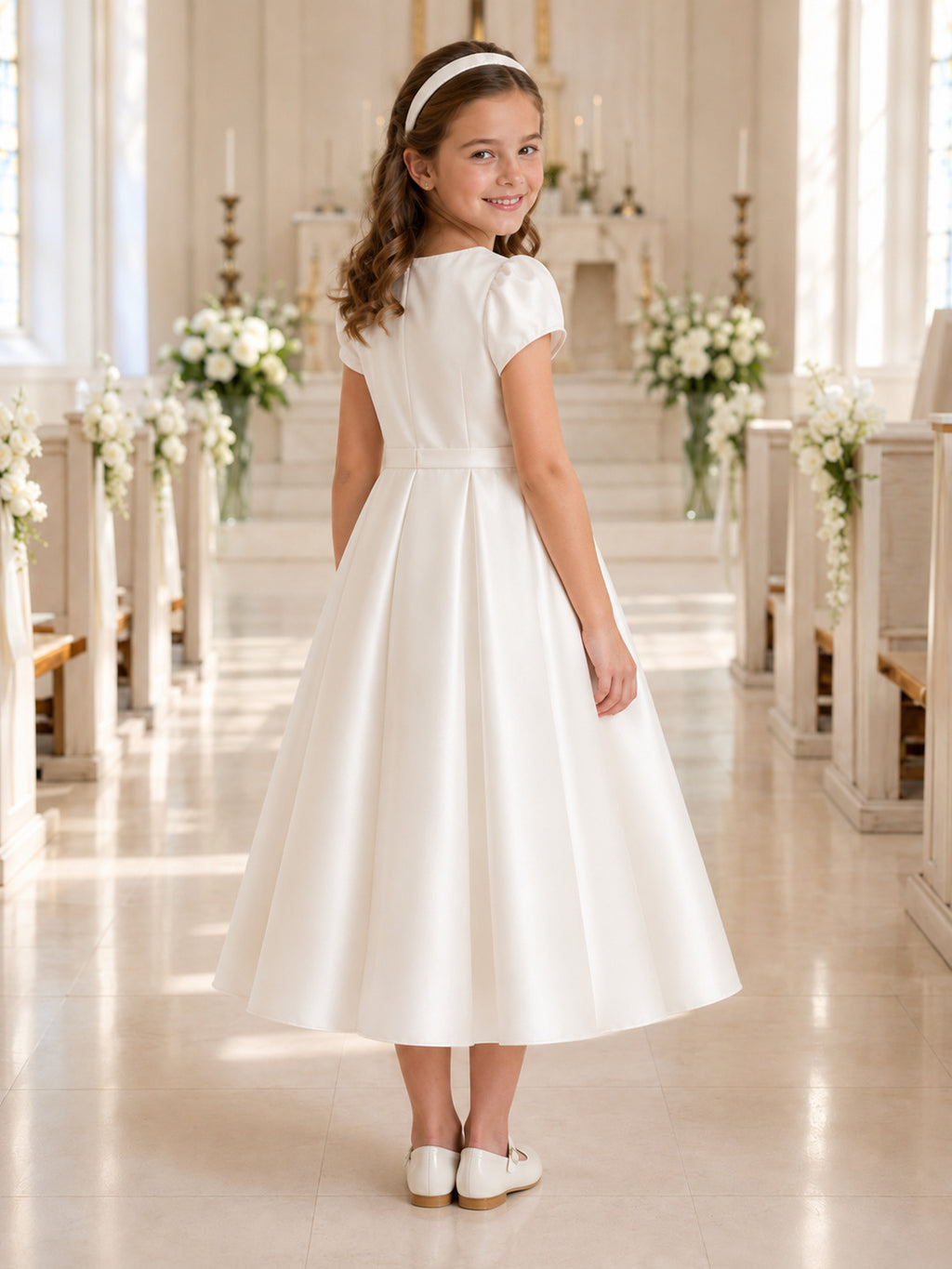 Simple Puff Sleeve Satin Communion Flowergirl Tea Length Church Dress back view