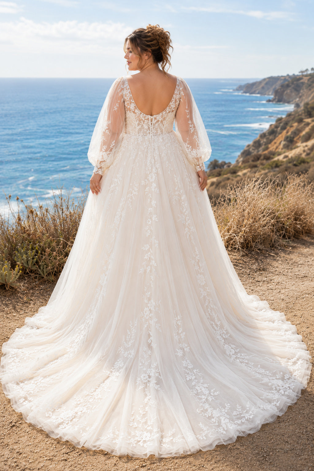 Plus Size Ivory Sweetheart V-Neck Bishop Sleeve Lace Tulle A-Line Wedding Dress with Bishop Sleeves and Chapel Train back vie