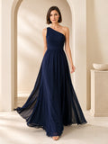 Dark Navy One Shoulder Chiffon A Line Formal Dress front view