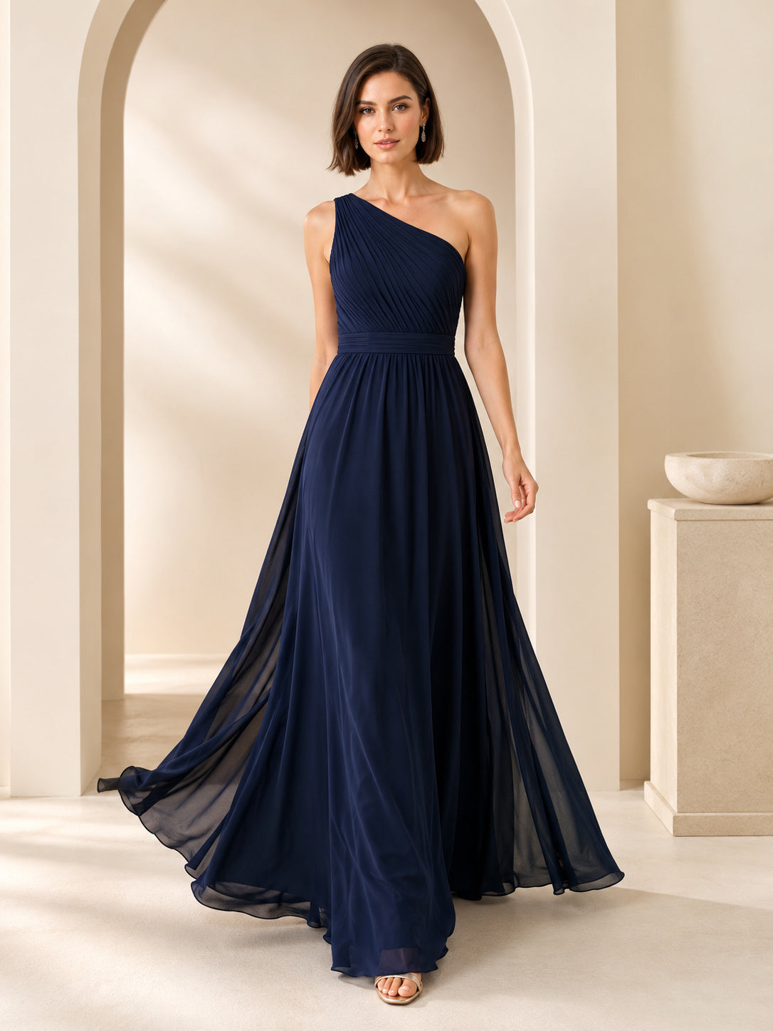 Dark Navy One Shoulder Chiffon A Line Formal Dress front view