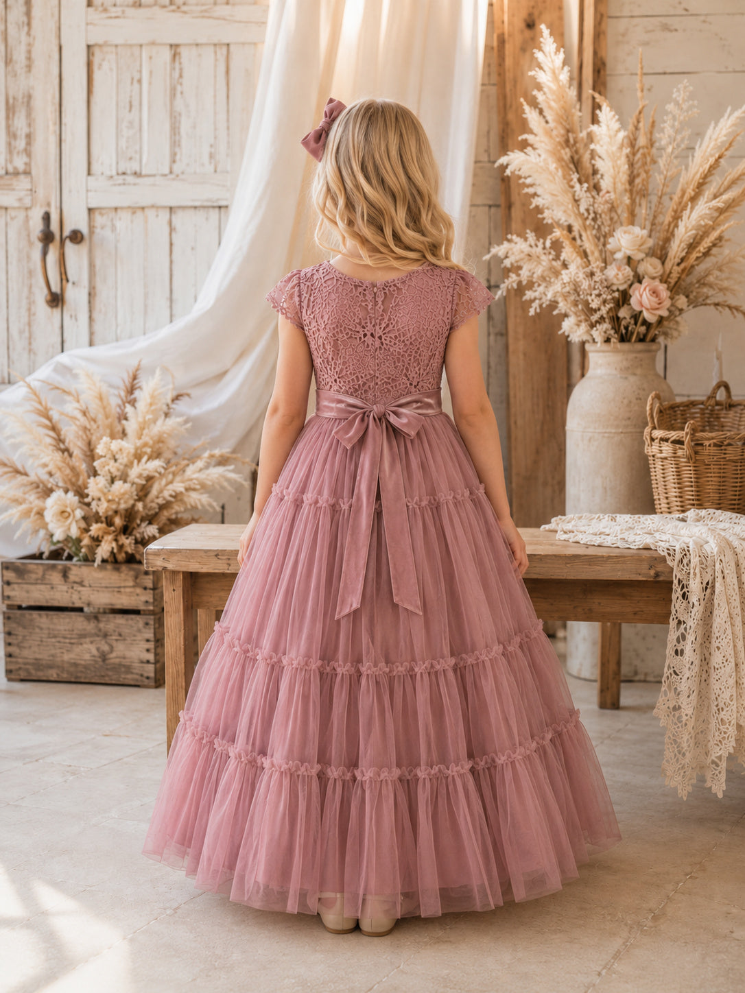 A-Line Mauve Tulle Flower Girl Dress Jewel Neckline Ankle-length and Tiered Tulle Ruffle Detail back view