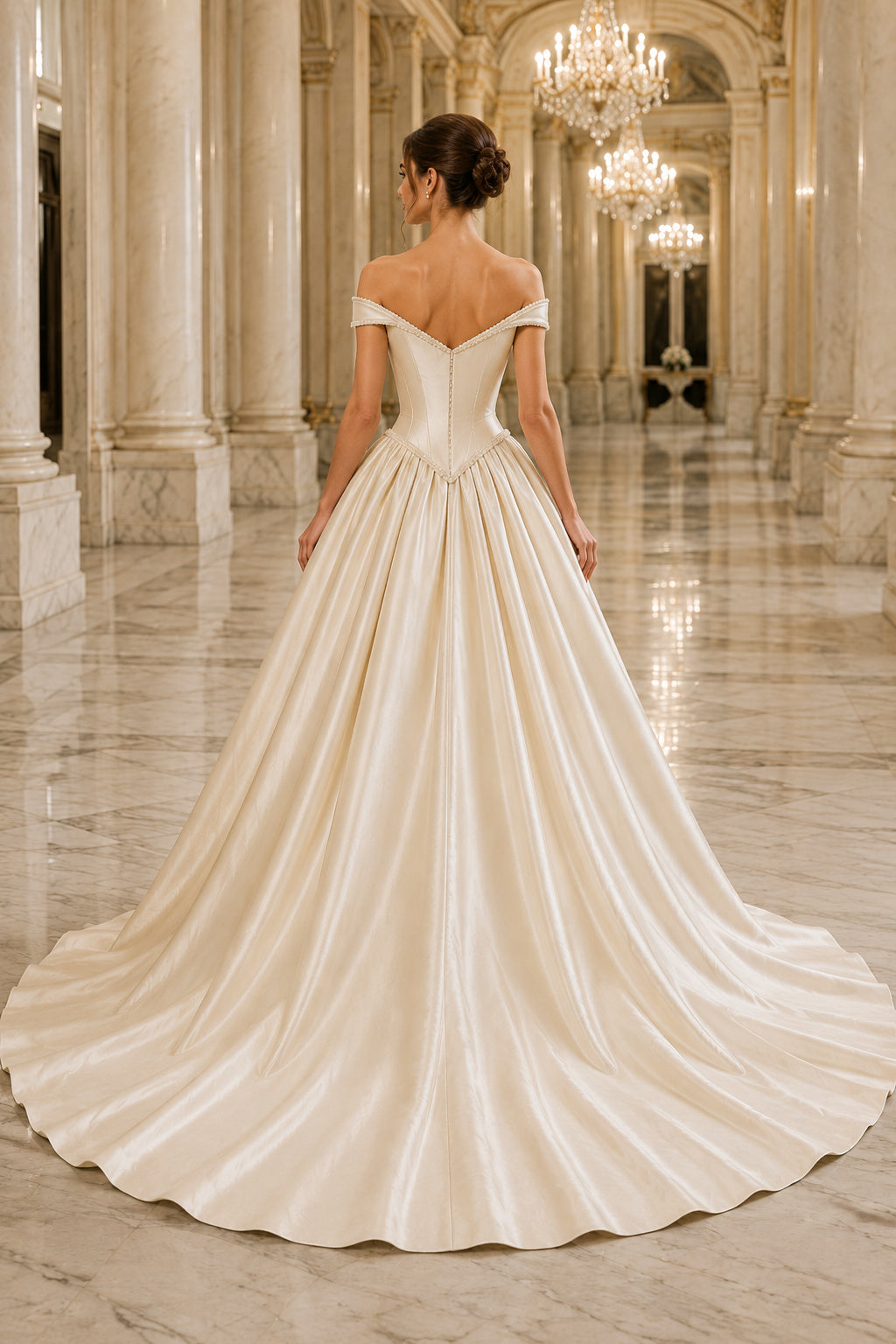 Off Shoulder Satin Ball Gown Wedding Dress with Draped Corset back view