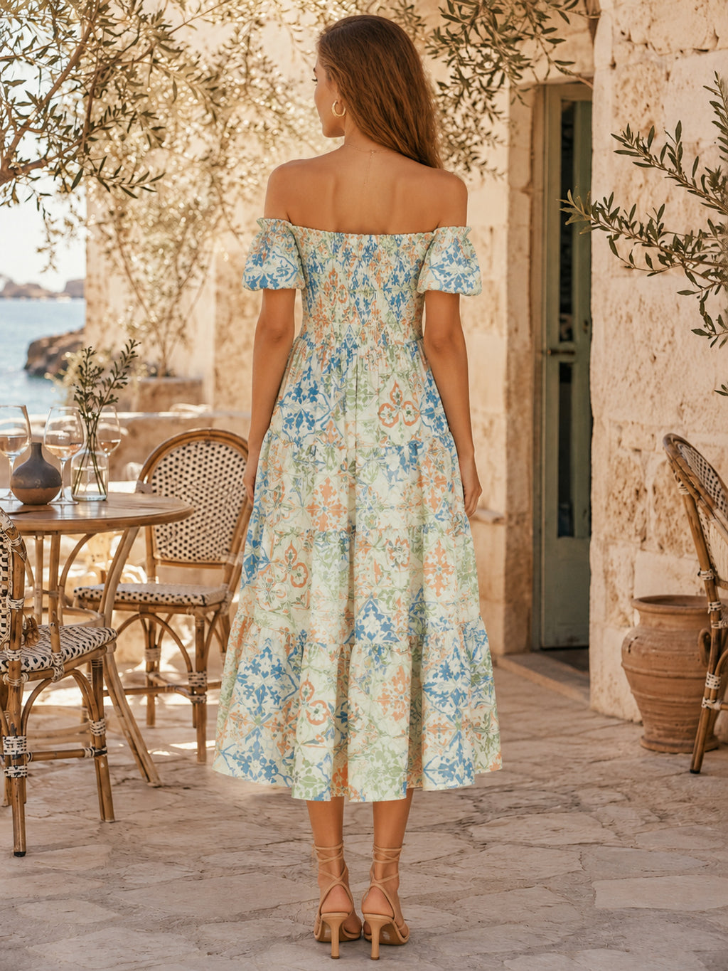 Mediterranean Tile Off Shoulder Ruffle Printed Midi Occasion Dress back view
