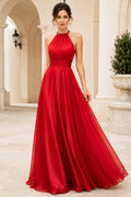 Red Halter Chiffon A-Line Formal Dress with Flowing Skirt front view