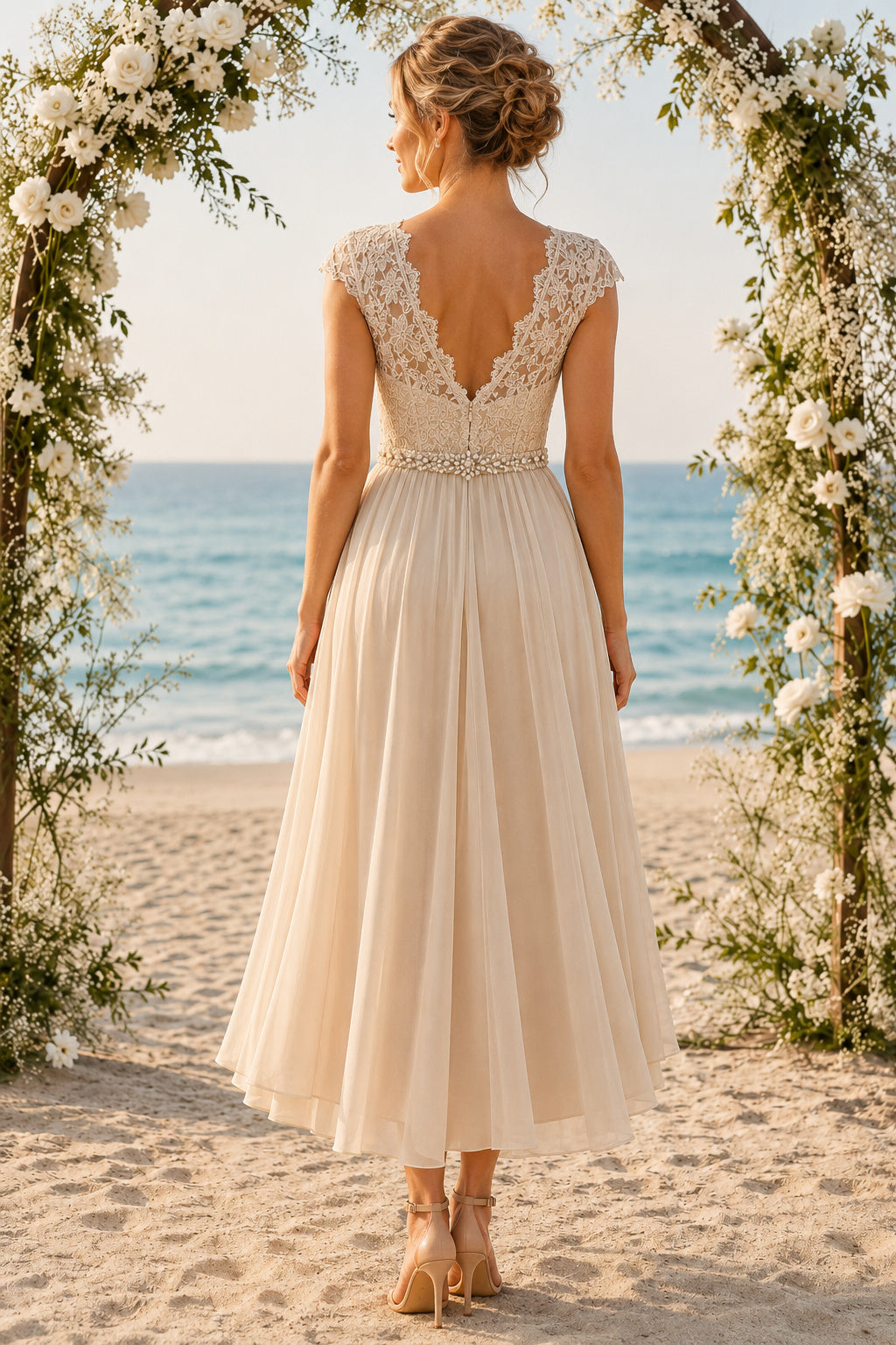 Champagne Lace Cap Sleeve V Neck Bodice with High Low Skirt High Low A-Line Wedding Dress back view