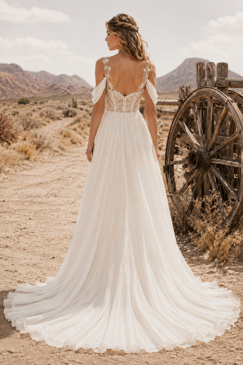 Spaghetti Strap V-Neck A-Line Wedding Dress with Lace Applique Bodice and Soft Train back view