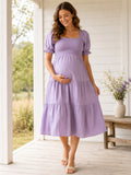 Lilac Maternity Square Neck Puff Sleeve Tiered Tea Length Casual Dress front view