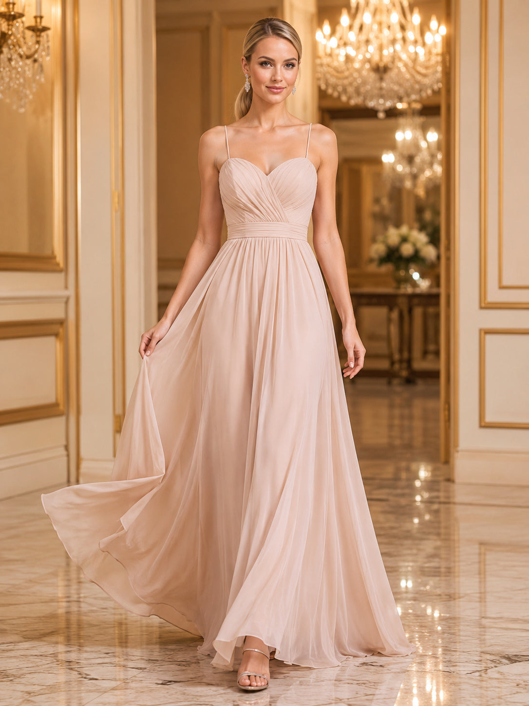 Blush Strapless Chiffon Evening Party A-Line Gown front view