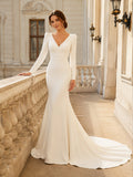 Long Sleeve V Neck Crepe Mermaid Chapel Train Wedding Dress front view