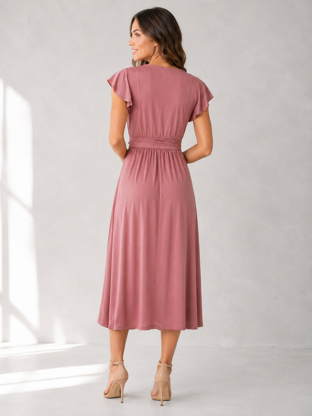 Dusty rose V-neck wrap maternity midi guest dress back view