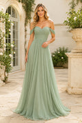 Sage Off-the-Shoulder Chiffon A-Line Bridesmaid Dress with Sweetheart Bodice front view