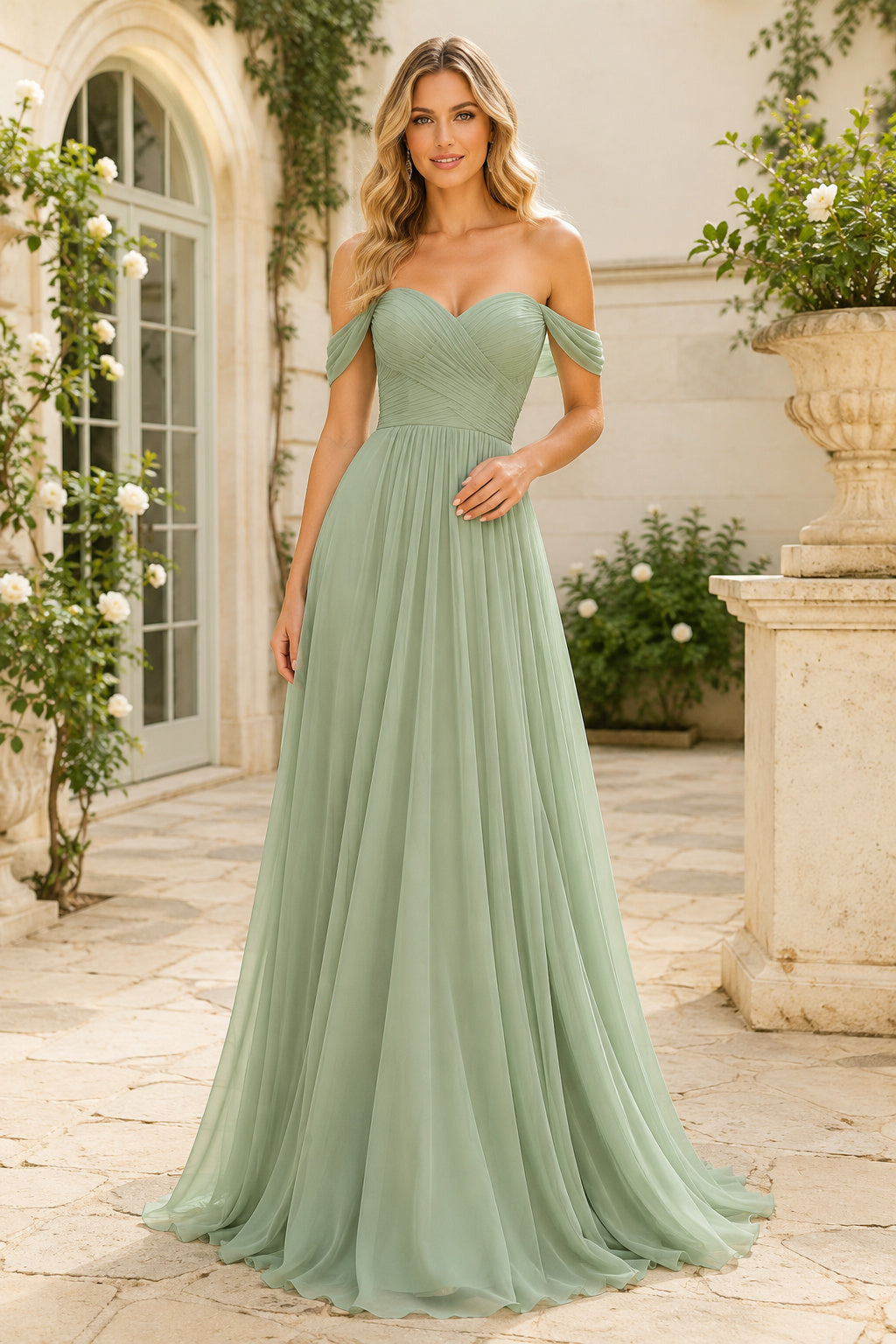 Sage Off-the-Shoulder Chiffon A-Line Bridesmaid Dress with Sweetheart Bodice front view