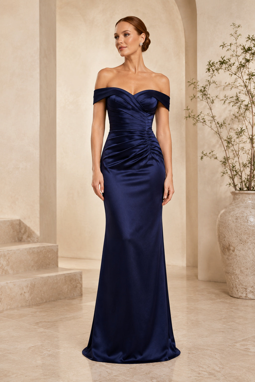 Plus Size Dark Navy Satin Off-the-Shoulder Sheath Formal Dress with Ruched Bodice front view