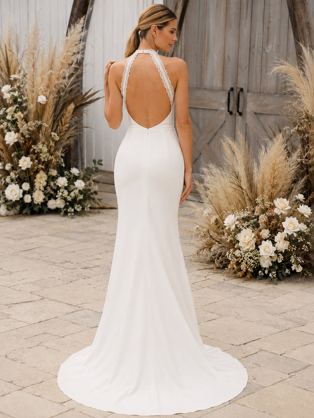 Halter Minimalist Crepe Sheath Keyhole Back Wedding Dress back view