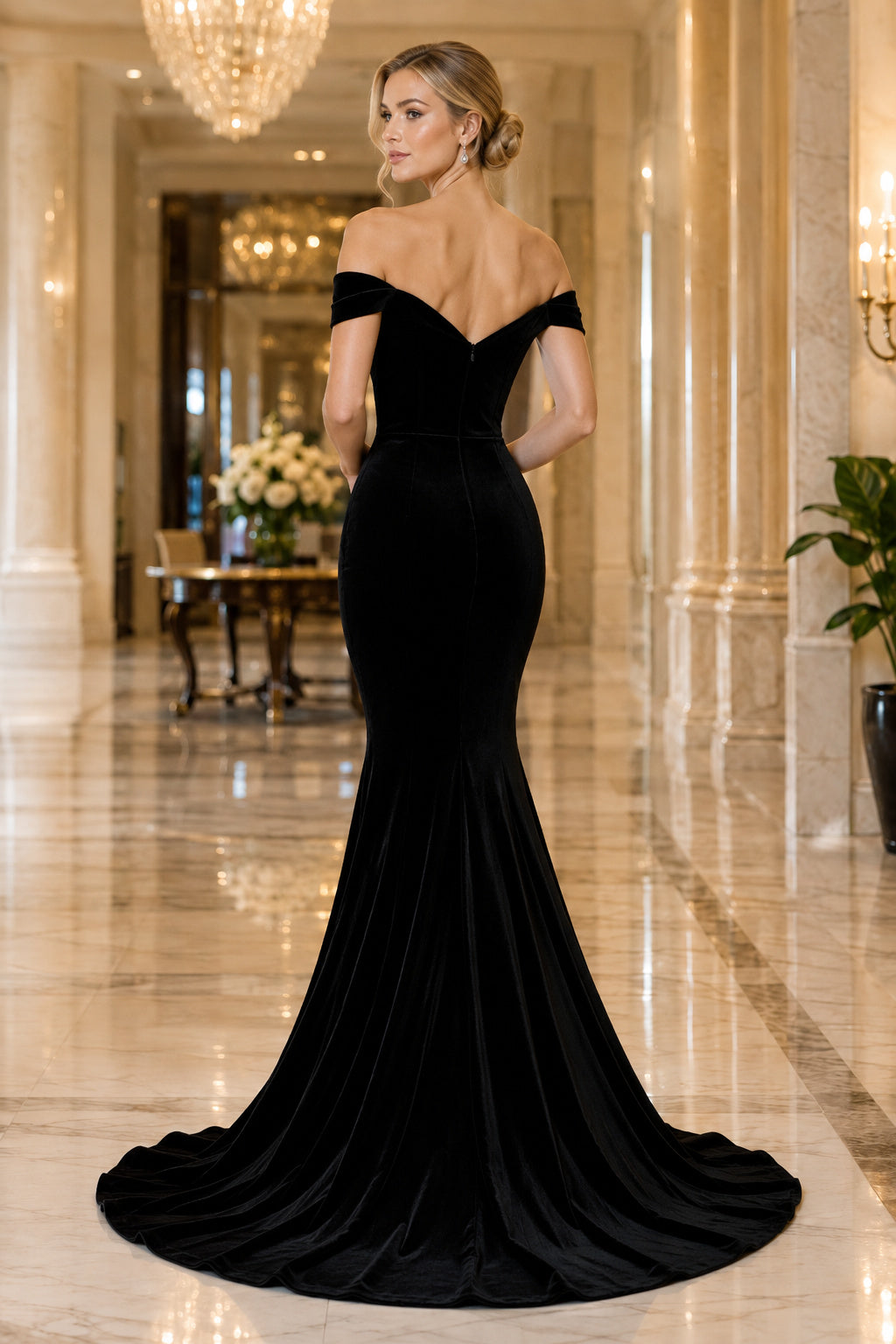 Black off the shoulder velvet mermaid gown with sweetheart neckline and sweep train Floor-length And Sweep/Brush Train Mermai
