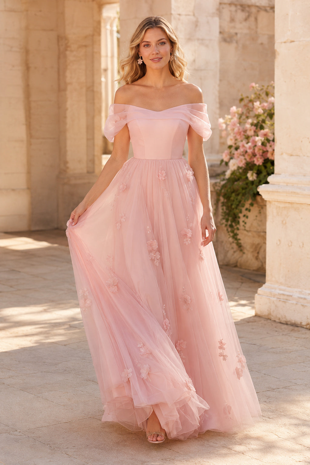 Blushing Pink Off-the-Shoulder A-Line Wedding Dress with Floral Tulle Skirt front view
