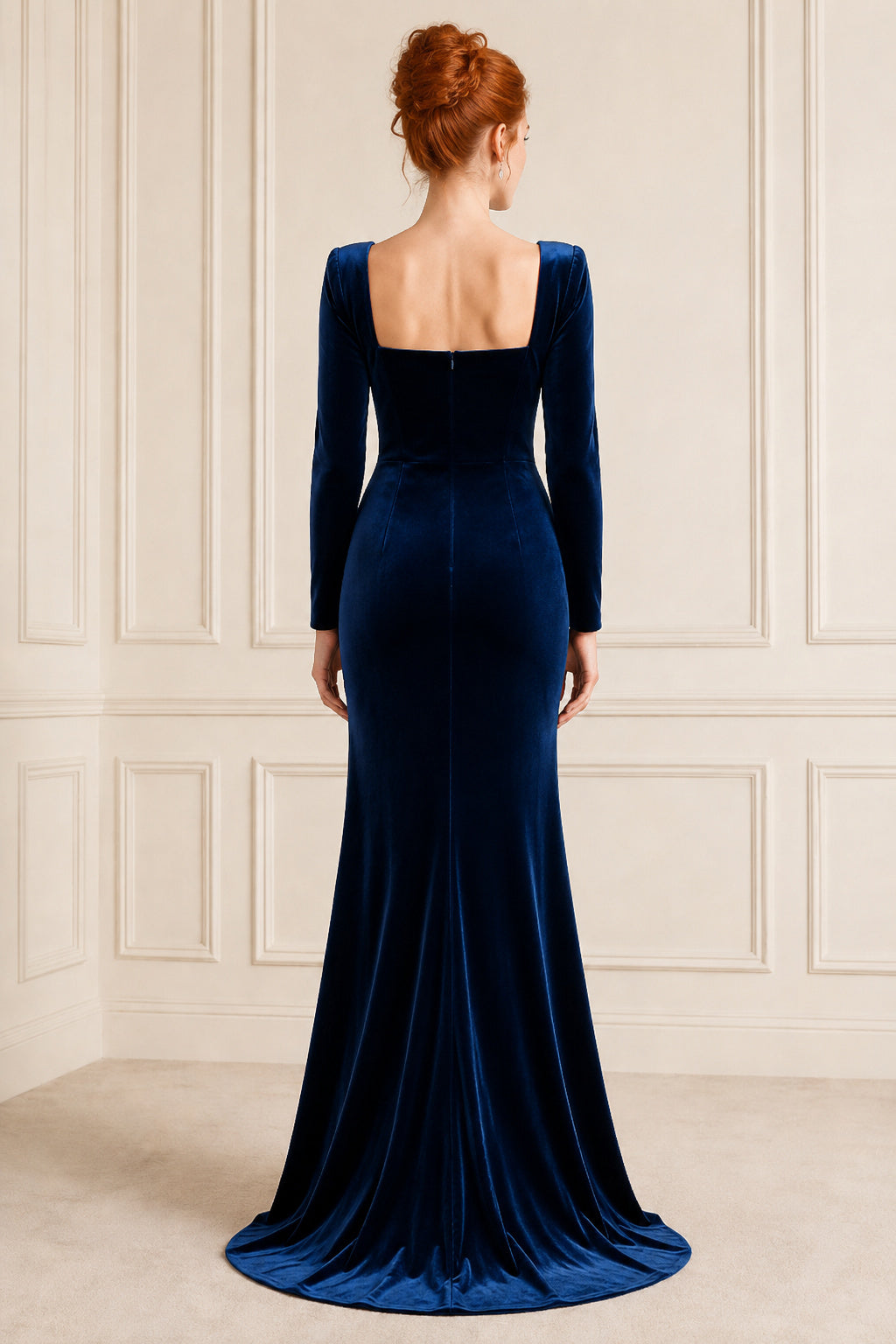 Dark Navy Long Sleeve Velvet Mermaid Formal Gown with Square Neckline and Sweep Train back view