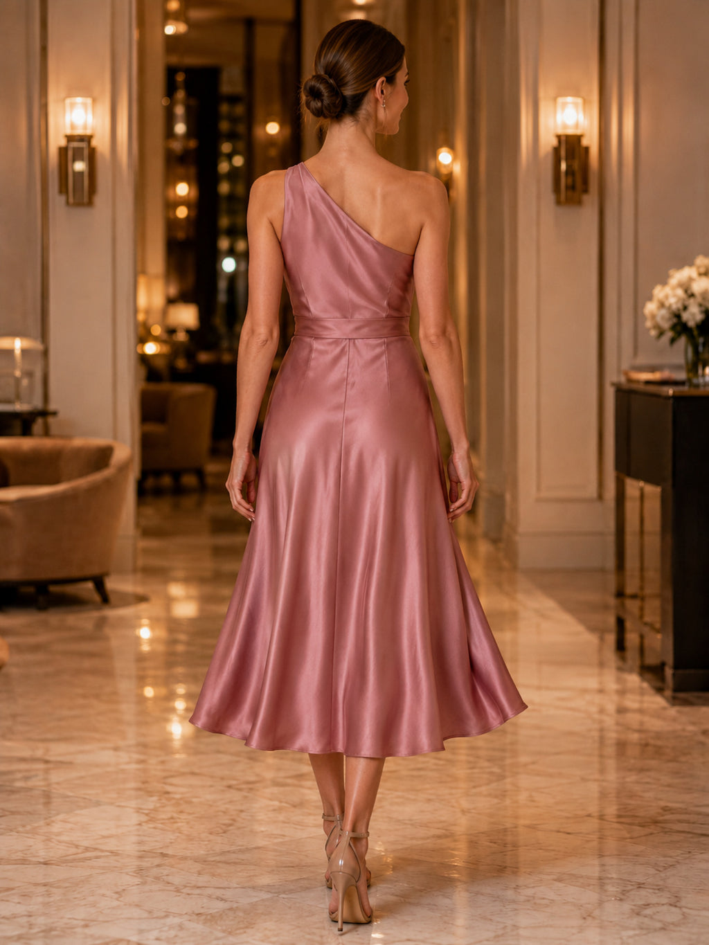 Mauve One Shoulder Satin Midi Cocktail Guest Dress back view