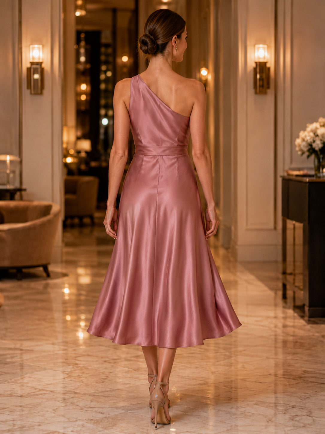 Mauve One Shoulder Satin Midi Cocktail Guest Dress back view