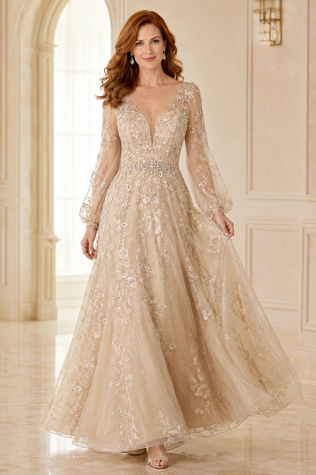 Champagne Long Sleeve V-Neck Tulle A-Line Mother Dress with Floral Lace Appliques front view