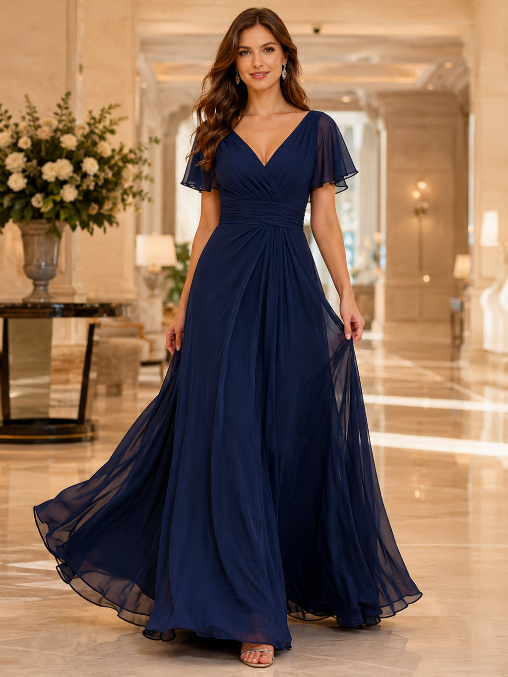 Dark Navy Chiffon V-Neck Flutter Sleeve Evening Gown front view