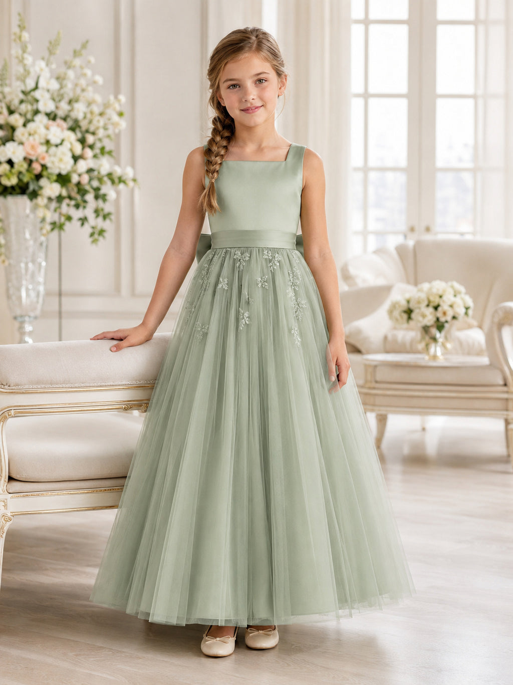 Sage Floral Applique Sleeveless Tulle Floor-Length A-Line Garden Flower Girl Dress front view