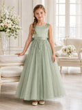 Sage Floral Applique Sleeveless Tulle Floor-Length A-Line Garden Flower Girl Dress front view