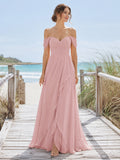 Pearl Pink Beach A-Line Chiffon Bridesmaid Dress with Off-Shoulder Sweetheart Short Sleeve Bodice, Pleated Floor-Length Skirt