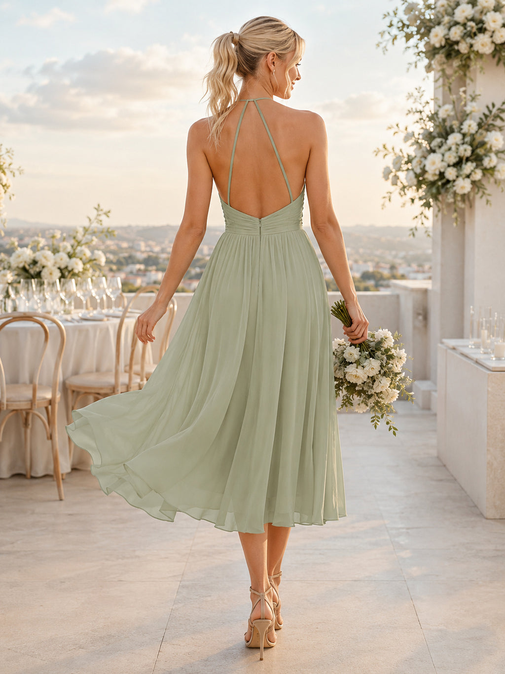 Sage Green Halter Chiffon Tea Length A-Line Summer Reception Wedding Dress back view