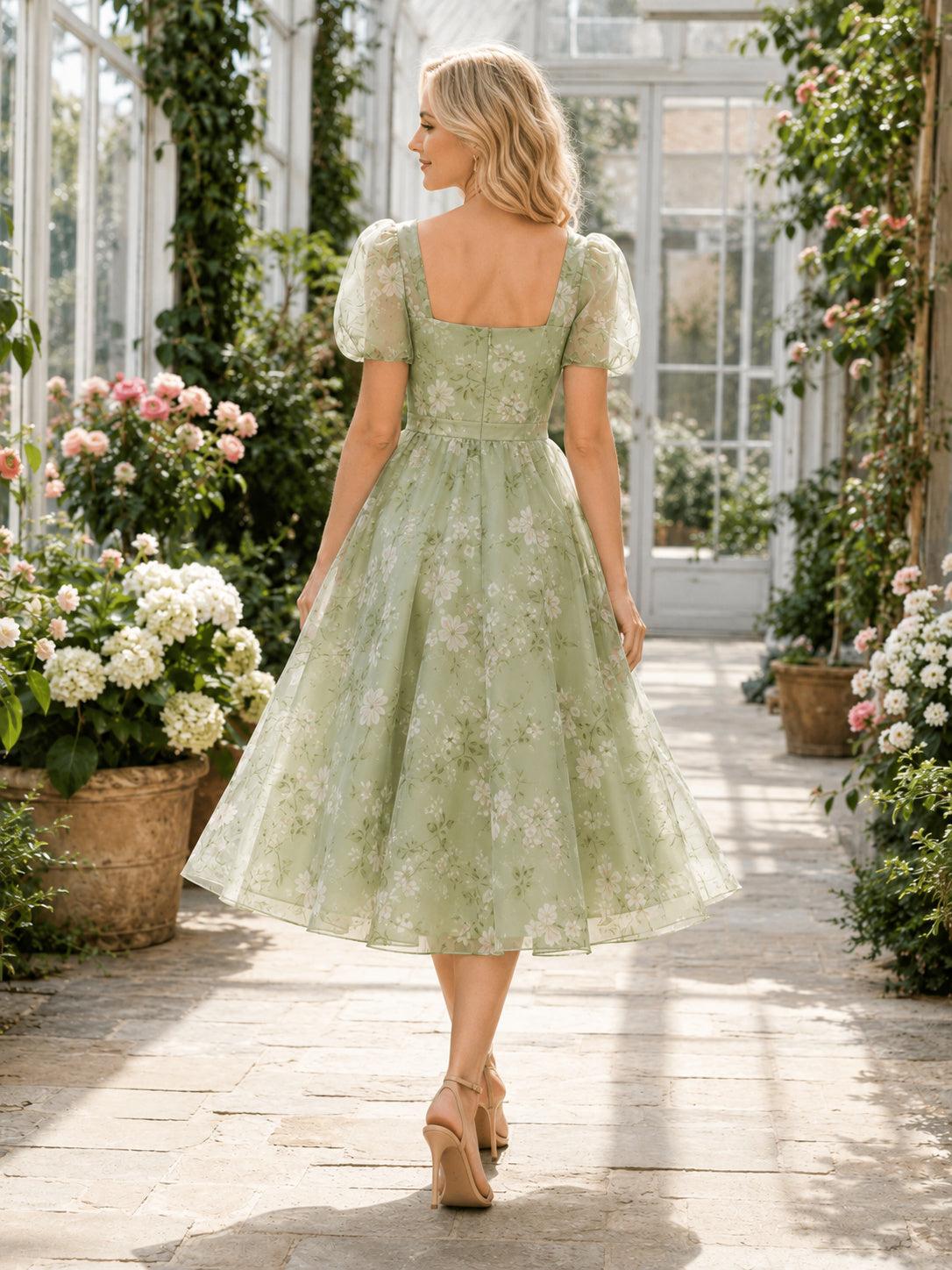 Sage floral puff sleeve organza tea length garden dress back view