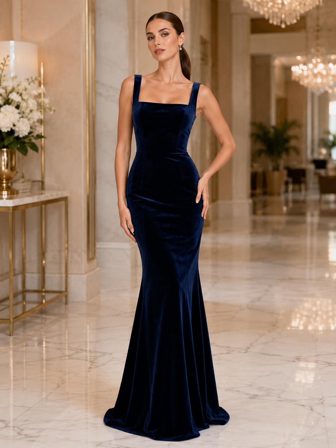 Dark Navy Square Neck Velvet Mermaid Formal Dress front view