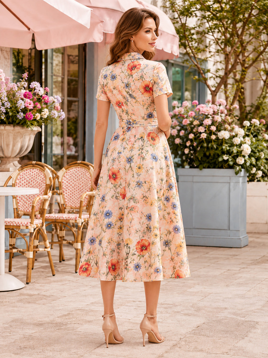 Cafe Floral Shirt Collar Belted A-Line Midi Guest Dress back view