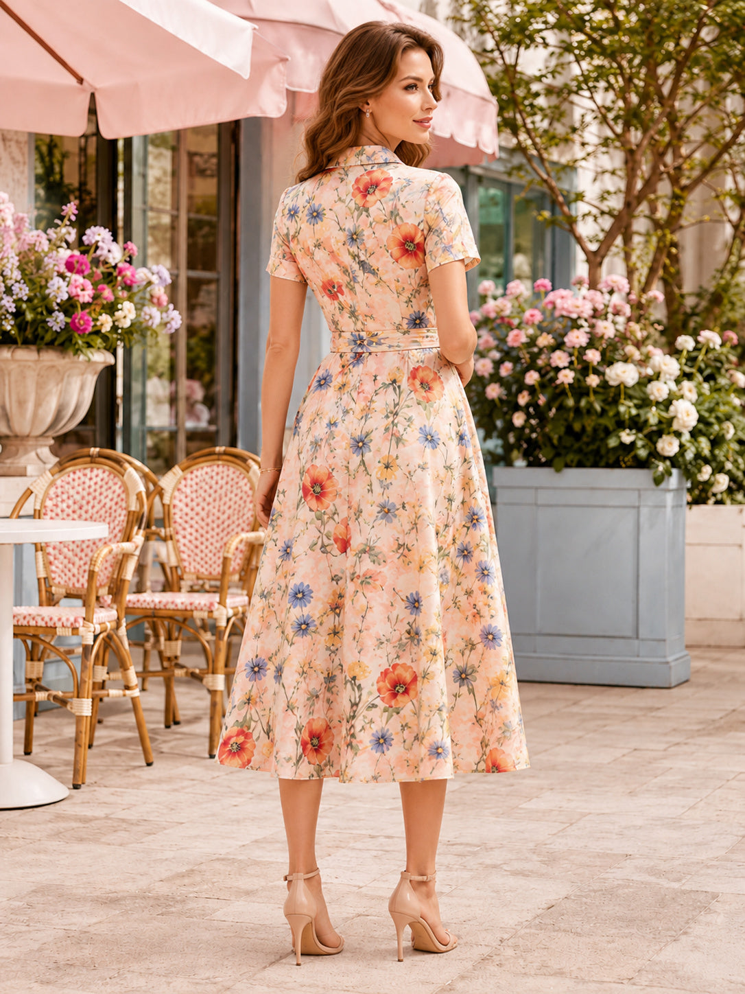 Cafe Floral Shirt Collar Belted A-Line Midi Guest Dress back view