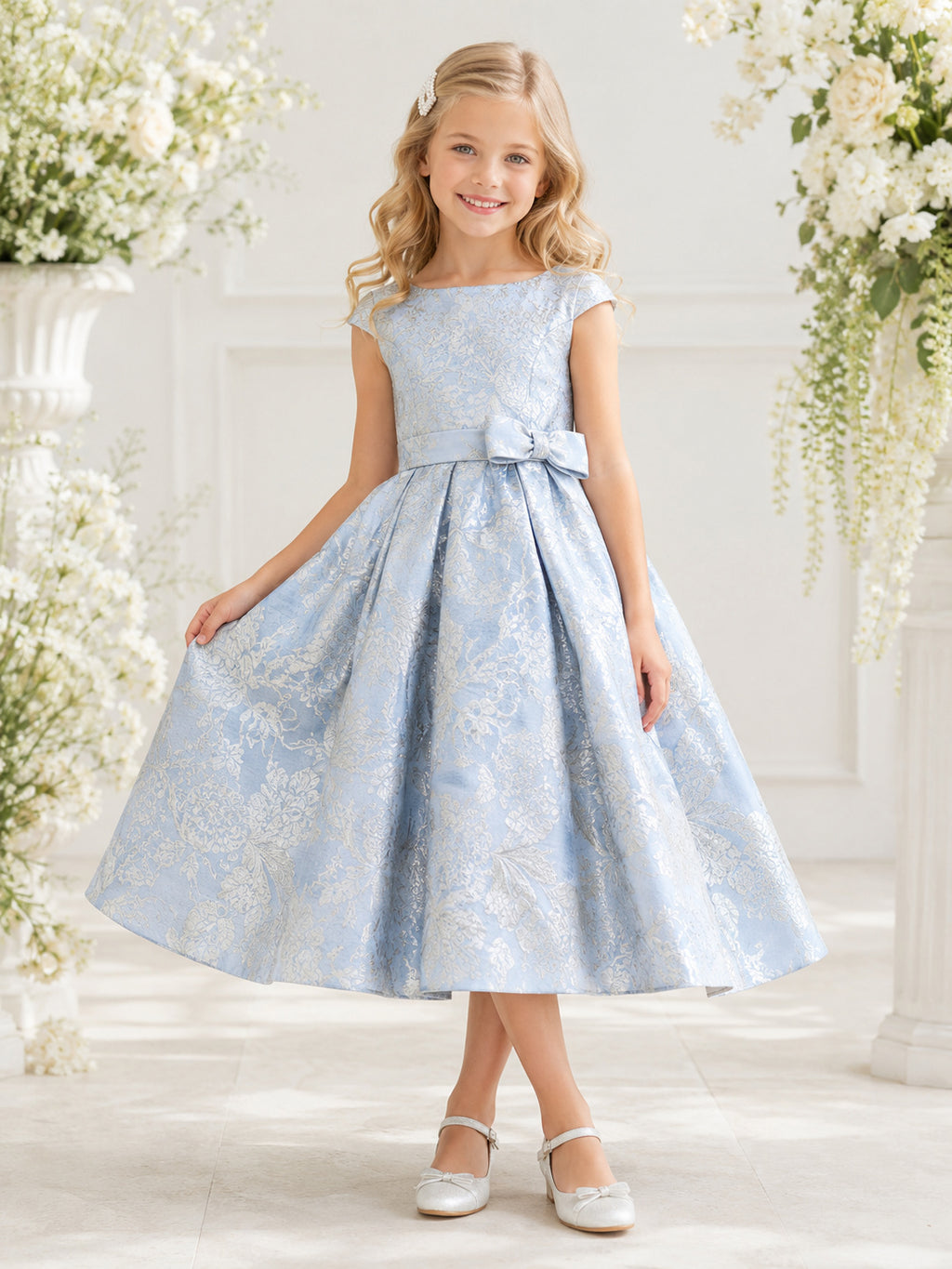 Sky Blue Brocade Bateau Neck Cap Sleeve Floral Bow Tea-Length A-Line Garden Flower Girl Dress front view