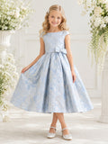Sky Blue Brocade Bateau Neck Cap Sleeve Floral Bow Tea-Length A-Line Garden Flower Girl Dress front view