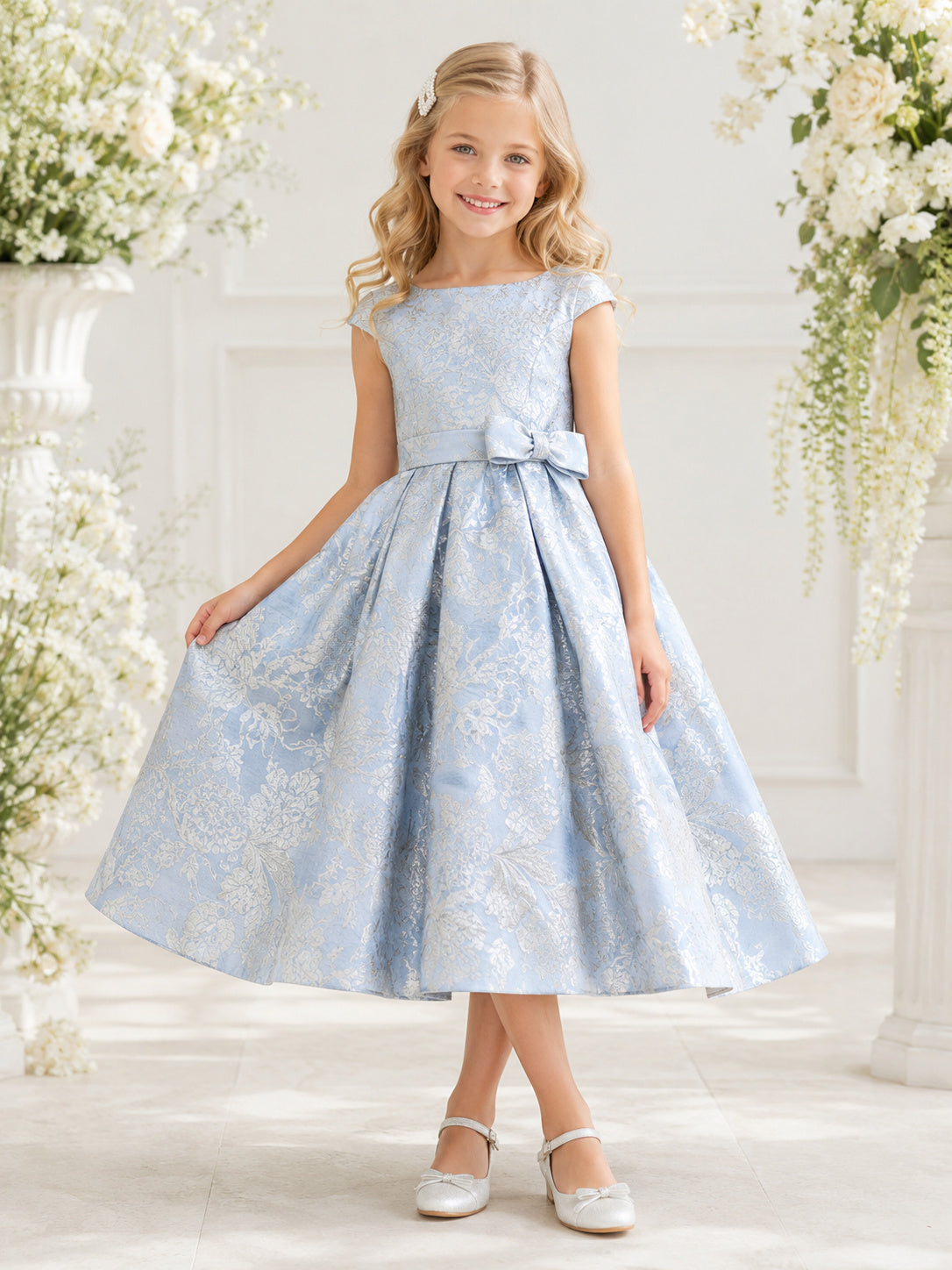 Sky Blue Brocade Bateau Neck Cap Sleeve Floral Bow Tea-Length A-Line Garden Flower Girl Dress front view