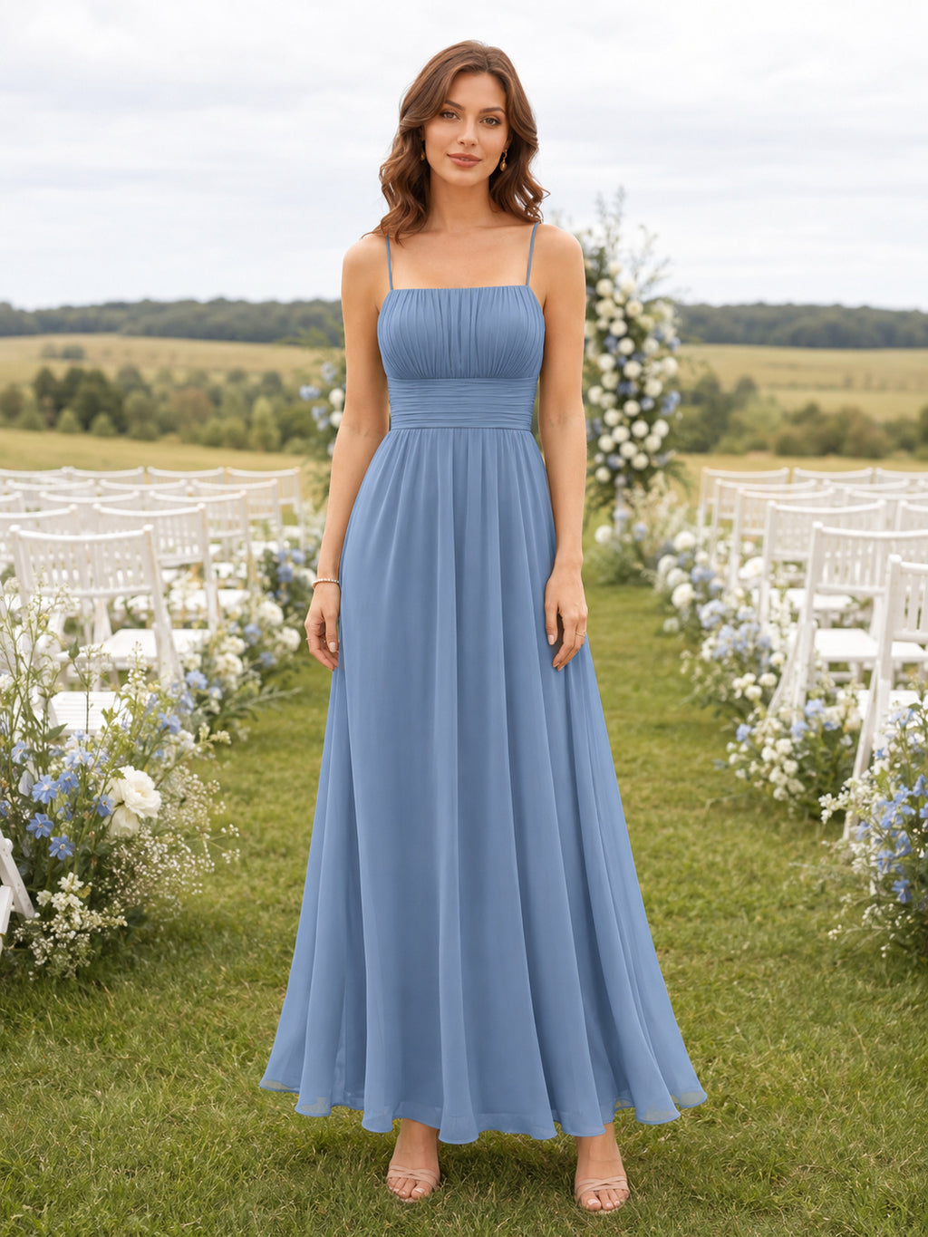 Dusty Blue Spaghetti Strap Square Neck Ankle Length A Line Dress front view